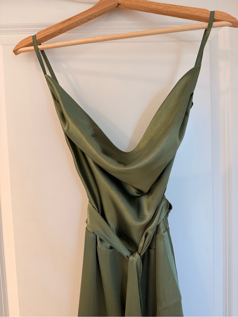 NEW Bronx Banco Leo Sage Maxi Dress, Olive Green Satin Cowl Neck Evening Gown - Picture 7 of 16